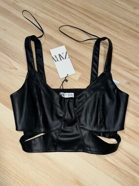 ZARA Black Faux Leather Strappy Bralette